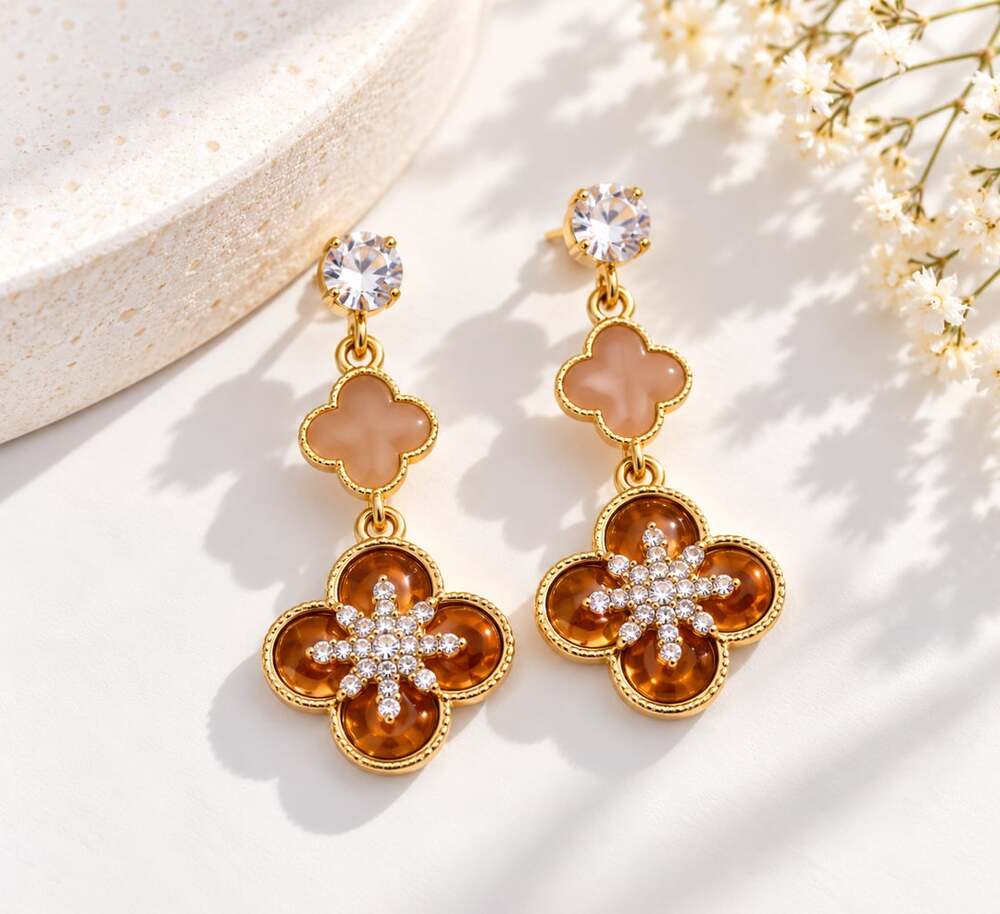 Gold Amber Clover Drop Earrings Crystal Floral Statement Glam